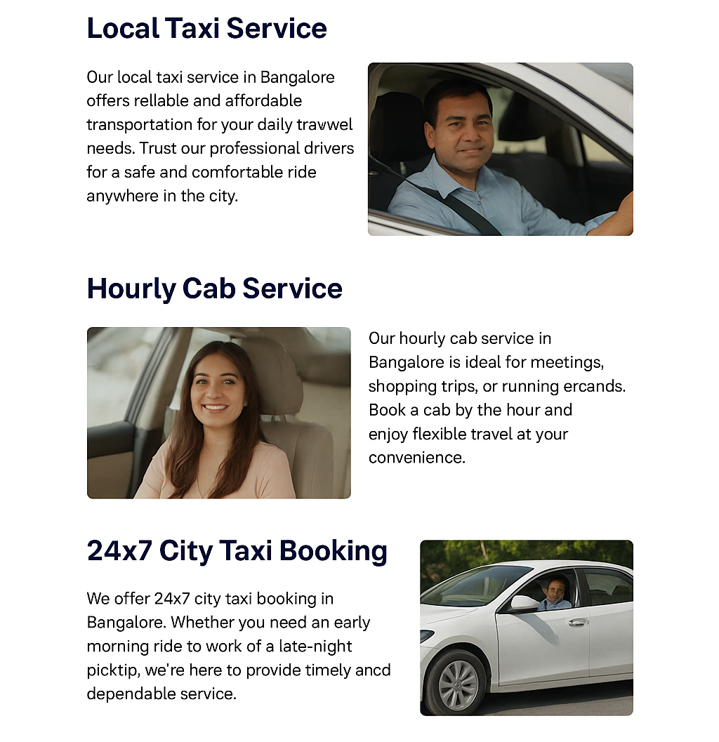 Local taxi service in Bangalore with professional drivers.
