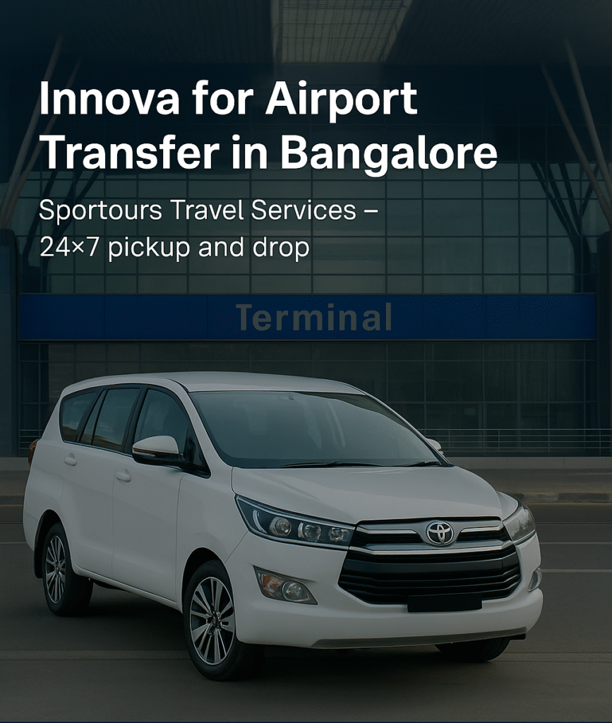 Toyota Innova driving toward Bangalore Airport departures gate, passenger waving goodbye